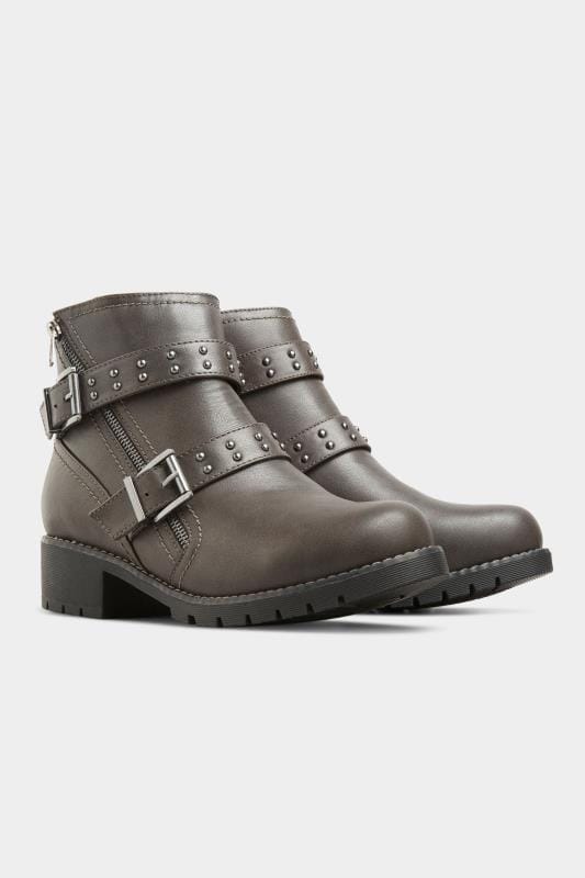 Grey Stud Strap Buckle Ankle Boots In Extra Wide EEE Fit 4