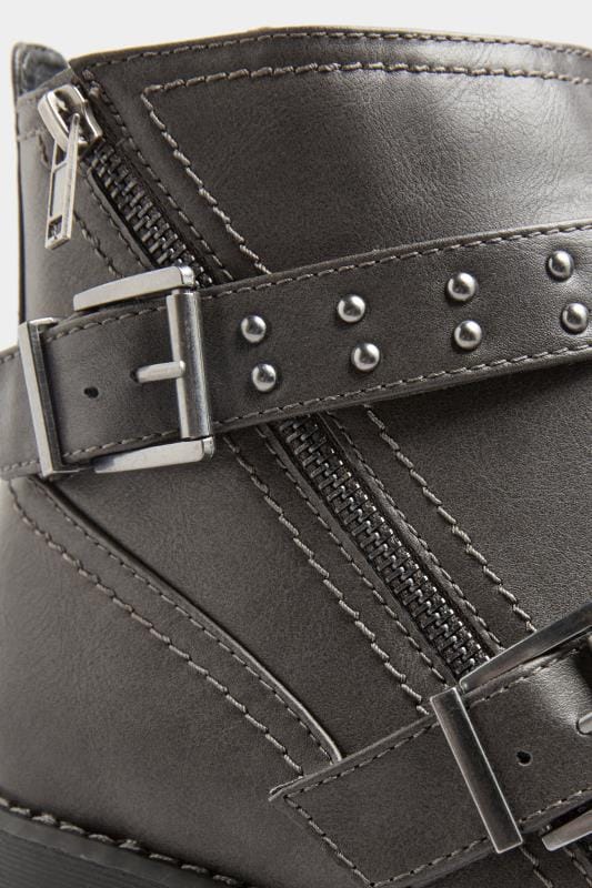 Grey Stud Strap Buckle Ankle Boots In Extra Wide EEE Fit 6