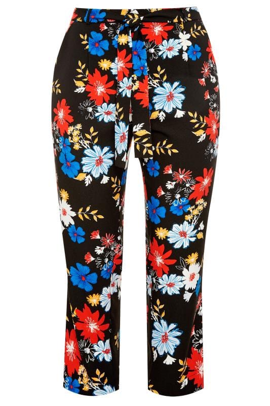 Black Bright Floral Tapered Trousers | Yours Clothing