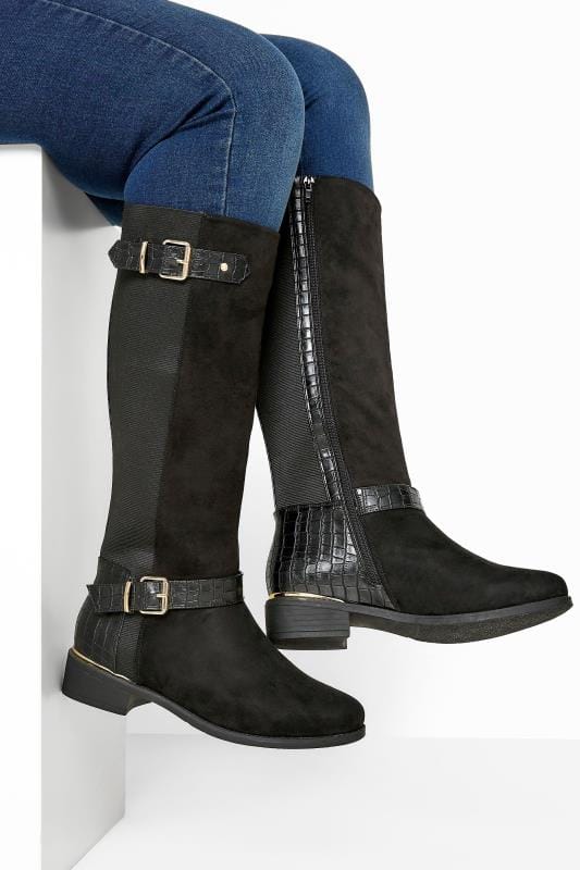 Black Faux Suede Croc Stretch Knee High Boots In Extra Wide Fit_b037.jpg