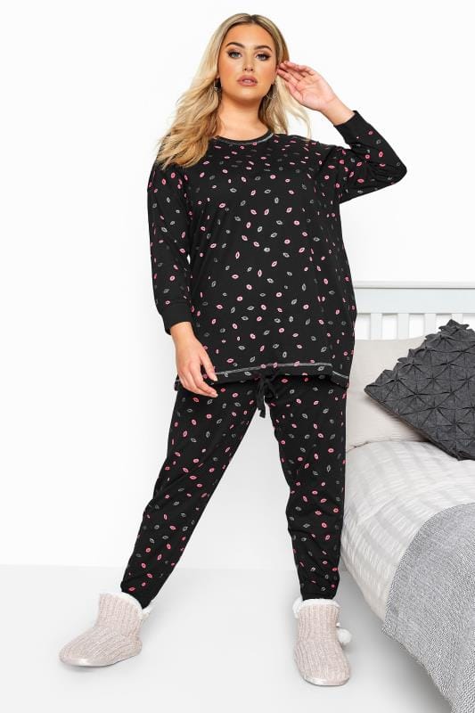 Black Glitter Lips Print Drawstring Pyjama Set | Yours Clothing