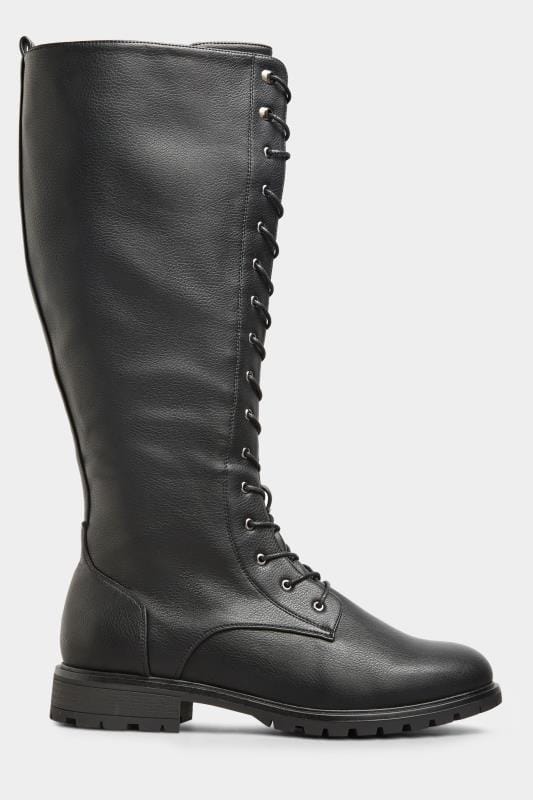 Black Vegan Faux Leather Lace Up Knee High Boots In Extra Wide EEE Fit 2