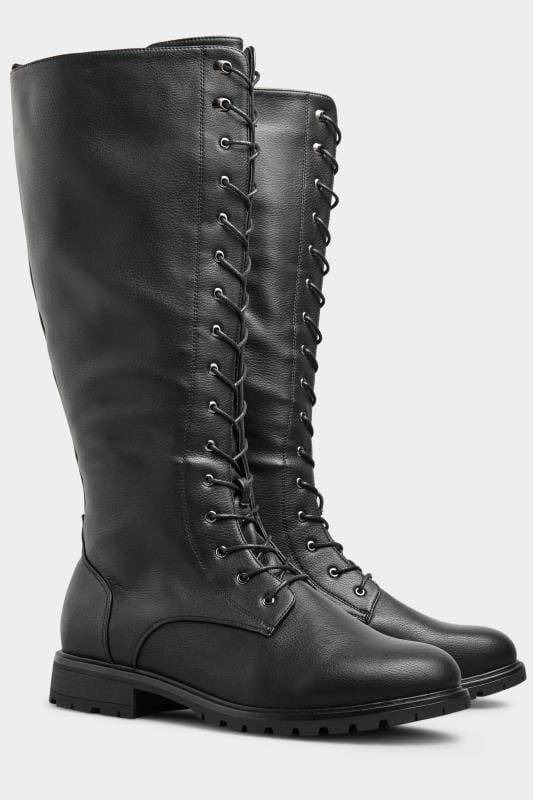 Black Vegan Faux Leather Lace Up Knee High Boots In Extra Wide EEE Fit 3