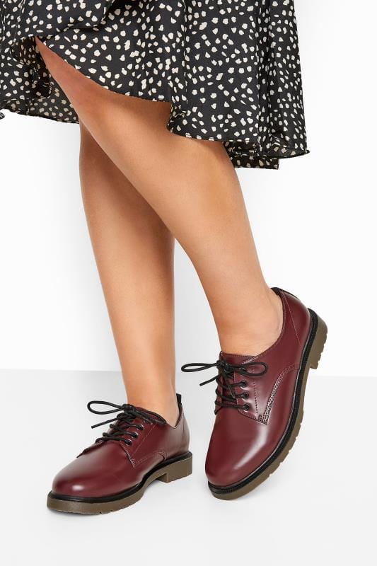 Burgundy Red Vegan Leather Lace Up Brogues In Extra Wide Fit | Yours Clothing 1