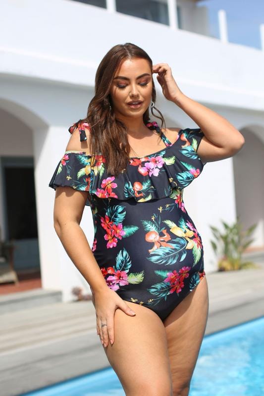  Grande Taille BUMP IT UP MATERNITY Black Floral Bardot Swimsuit