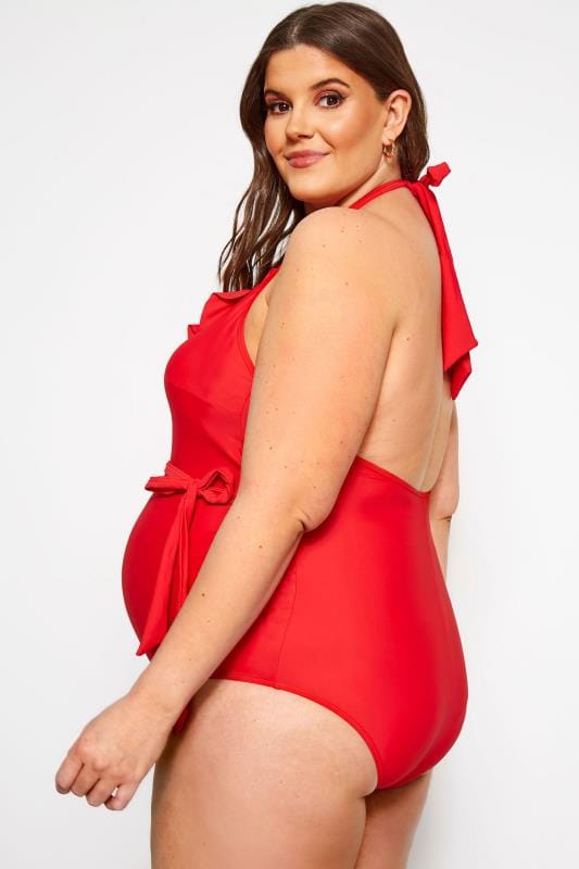 BUMP IT UP MATERNITY Curve Red Belted Halterneck Swimsuit 3