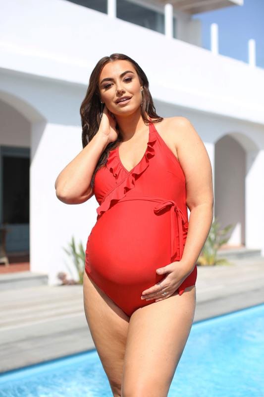  dla puszystych BUMP IT UP MATERNITY Curve Red Belted Halterneck Swimsuit