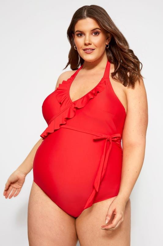 BUMP IT UP MATERNITY Red Belted Halterneck Swimsuit_8dc5.jpg