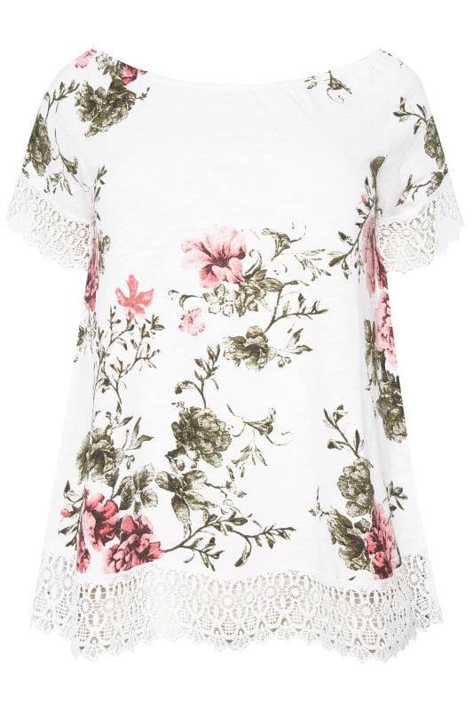 White & Pink Floral Lace T-Shirt | Sizes 16-36 | Yours Clothing