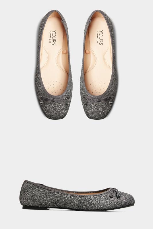 Grey Glitter Bow Ballerina Pumps In Extra Wide Fit | Yours Clothing 3