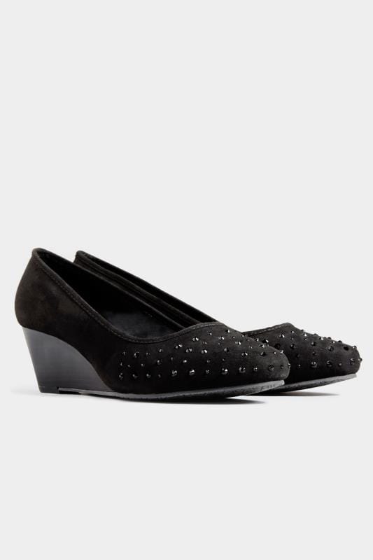 Black Diamante Wedge Court Shoes In Extra Wide Fit | Yours Clothing