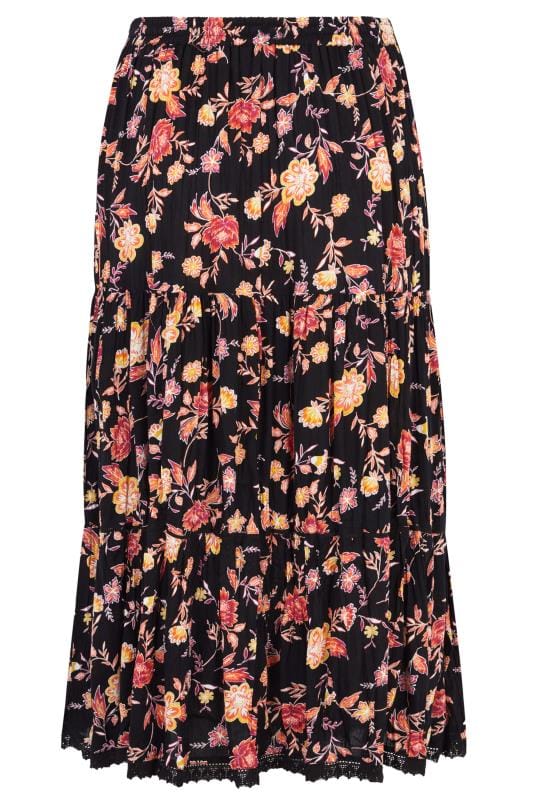 Black & Orange Floral Tiered Maxi Skirt | Sizes 16 to 36 | Yours Clothing