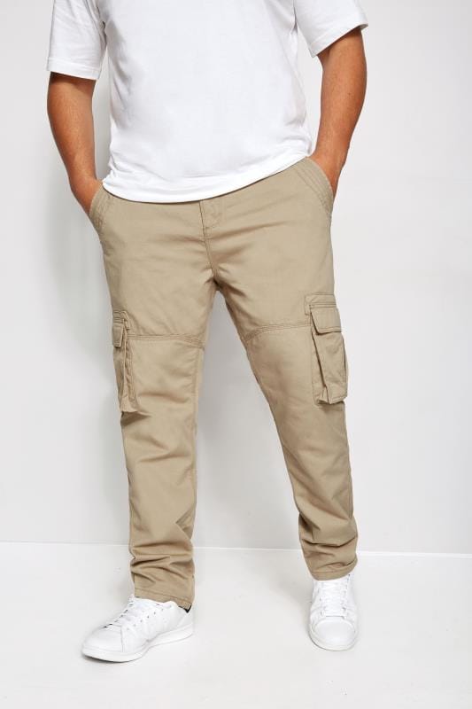 Men's Cargo Trousers BadRhino Big & Tall Stone Brown Cargo Trousers With Utility Pockets & Canvas Belt
