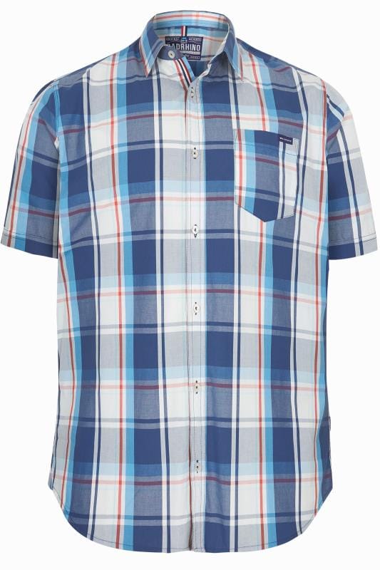 Plus Size Casual Shirts BadRhino Big & Tall Turquoise Blue Check Short Sleeve Shirt
