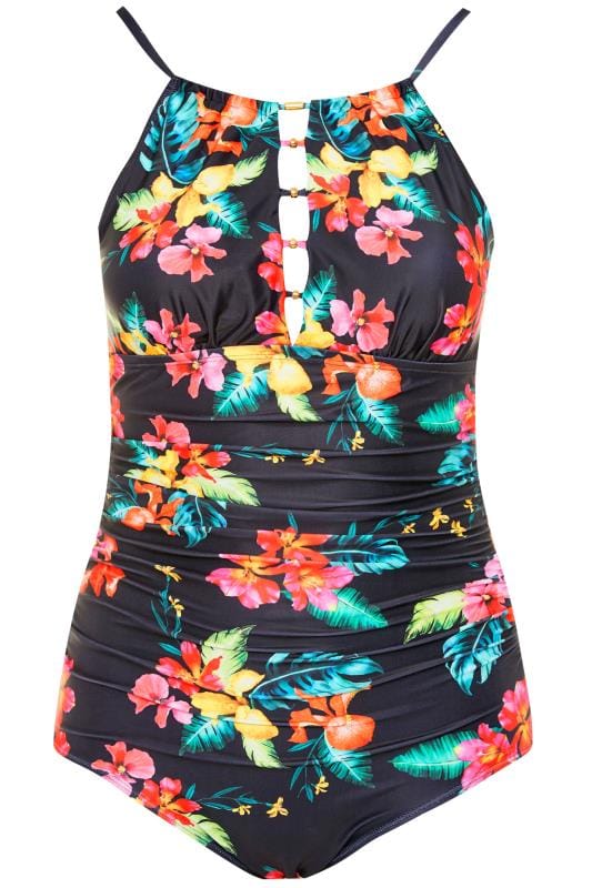 Black Floral Lattice Swimsuit | Yours Clothing