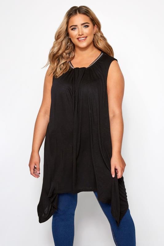 Black Beaded Hanky Hem Vest Top | Sizes 16 to 36 | Yours Clothing