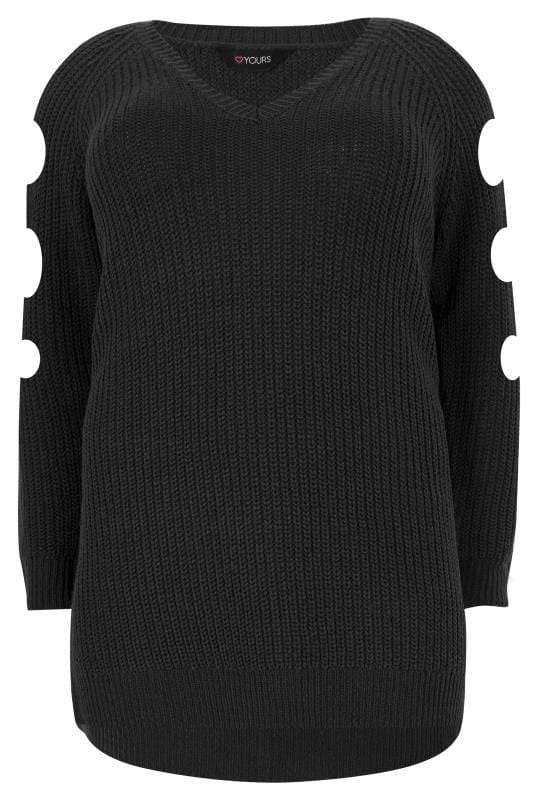 Black Chunky Knit Longline Jumper With Cut Out Sleeves, plus size 16 to ...