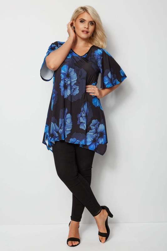 Black & Cobalt Blue Floral Top With Rear Bow Detail, Plus size 16 to 36 ...