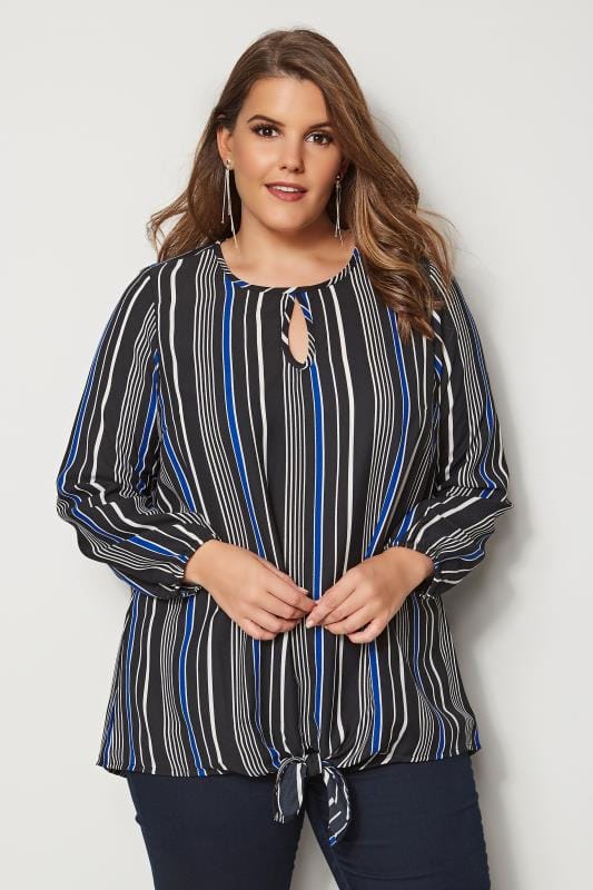 Black & Cobalt Blue Striped Blouse With Tie-Front, plus size 16 to 36 ...