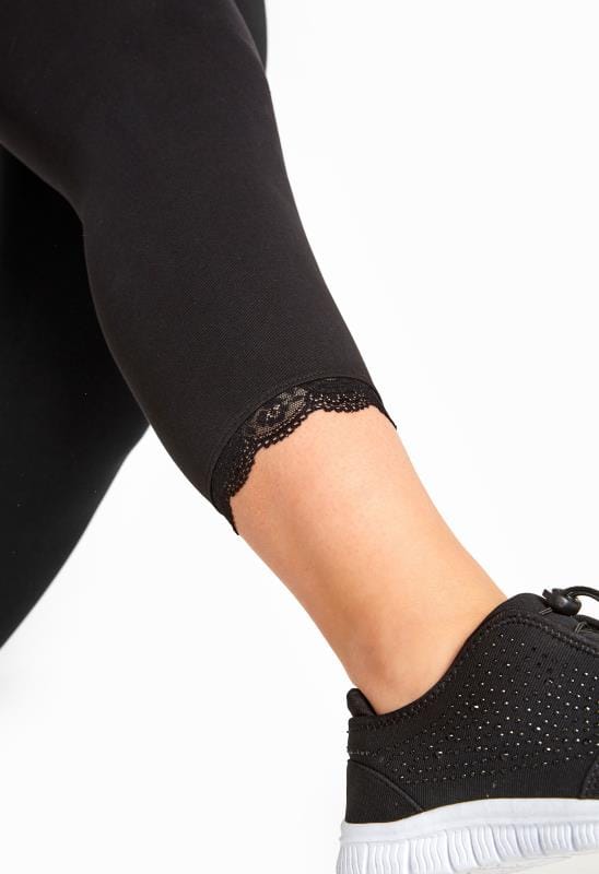 Black Cotton Essential Crop Legging With Lace Trim Plus 