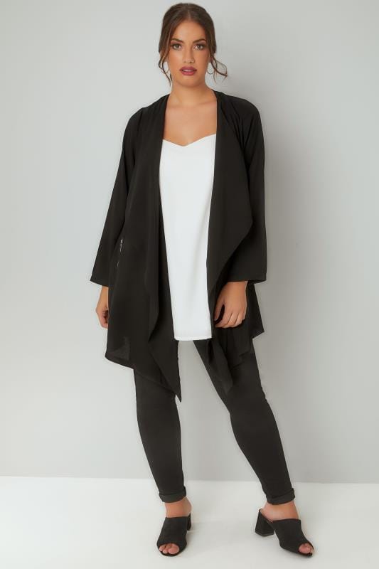 Black Crepe Longline Waterfall Jacket Plus Size 16 to 32 | Yours Clothing