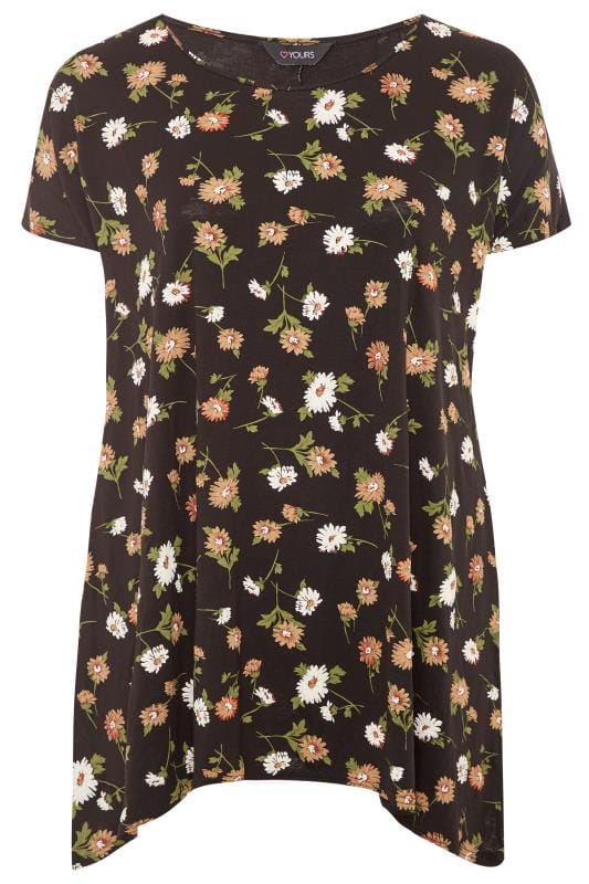 Black Daisy Print Hanky Hem T-Shirt | Yours Clothing