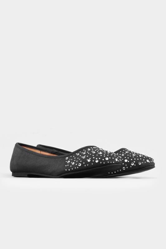 Black Large Diamante Ballerina Pumps In Extra Wide Fit| Yours Clothing ...