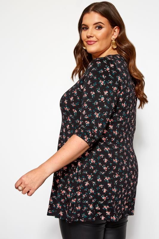 Black Ditsy Floral Jersey Swing Top | Yours Clothing