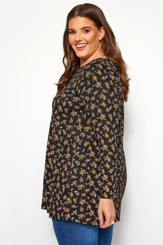 Black Ditsy Floral Long Sleeved Swing Top | Yours Clothing