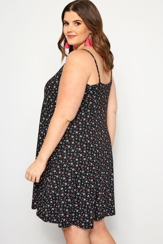 Black Ditsy Floral Slip Dress | Sizes 16 to 36 | Yours Clothing