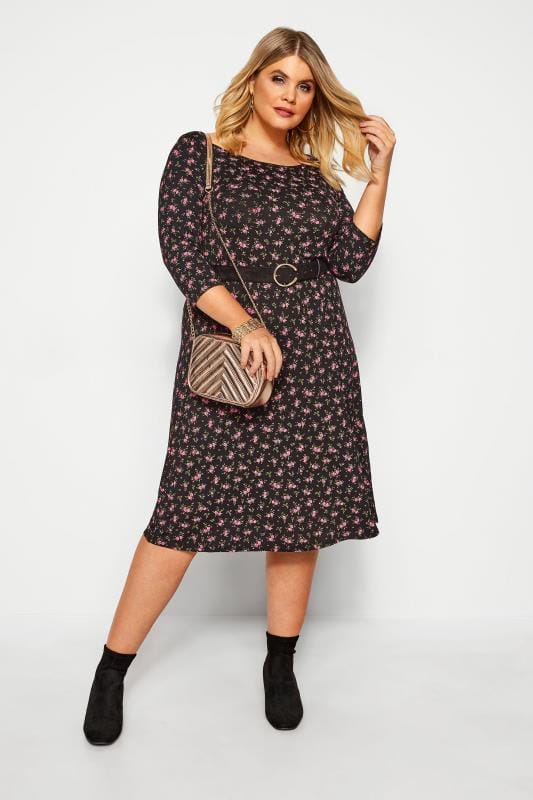 Black Ditsy Floral Swing Dress | Sizes 16-36 | Yours Clothing