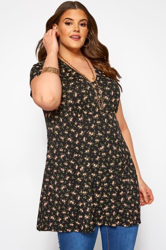 Black Ditsy Floral Swing Tunic | Yours Clothing