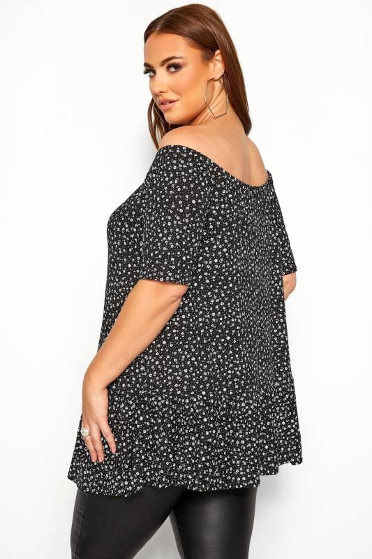 Black Ditsy Off The Shoulder Smock Top | Yours Clothing