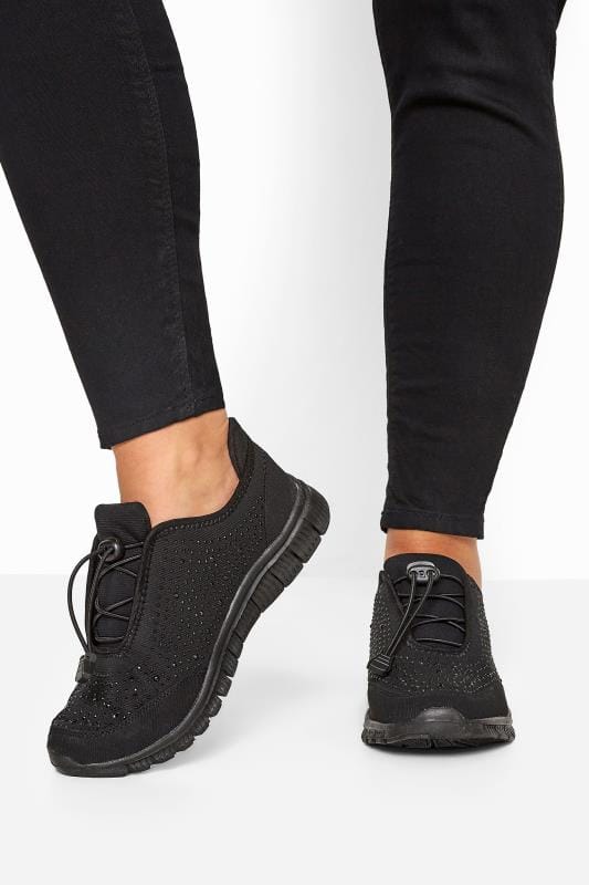 Wide Fit Trainers Yours Black Embellished Drawcord Trainers In Wide E Fit & Extra Wide EEE Fit