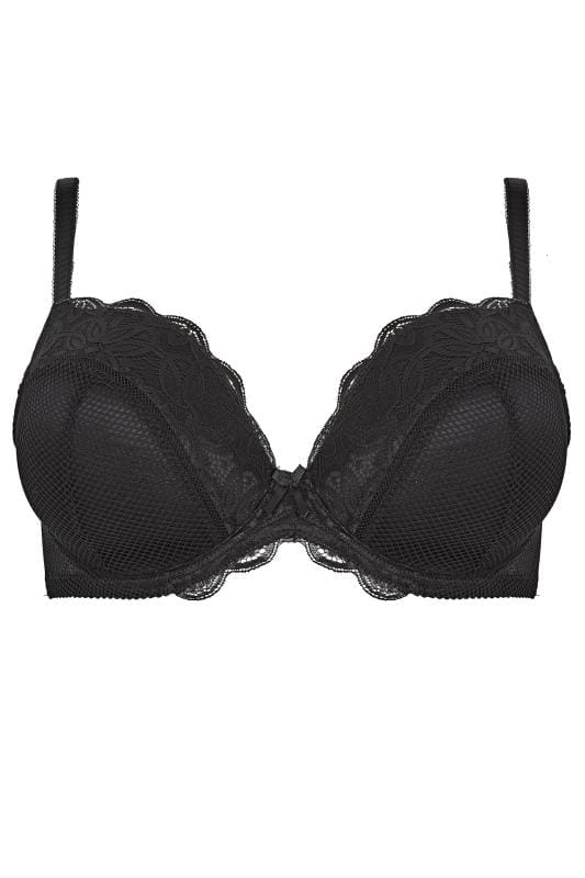 Black Fishnet & Daisy Lace Plunge Bra - Available In Sizes 38DD - 48G 3