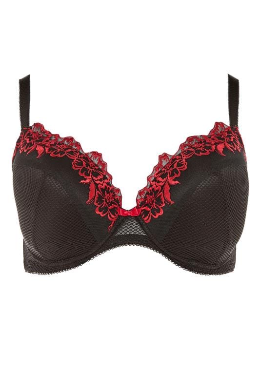 Black Fishnet & Red Lace Plunge Bra | Yours Clothing
