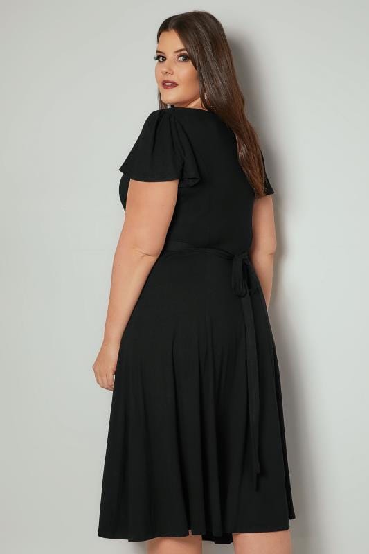 Black Fit & Flare Skater Dress With Tie Waist & Flute Sleeves, plus ...
