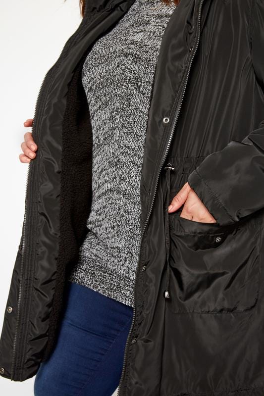 Black Fleece Lined Hooded Parka | Plus Size 16-36 | Yours Clothing
