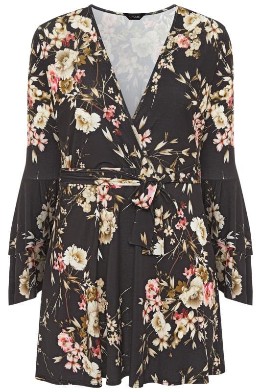 LIMITED COLLECTION Black Floral Wrap Frill Sleeve Dress | Sizes 16-28 ...