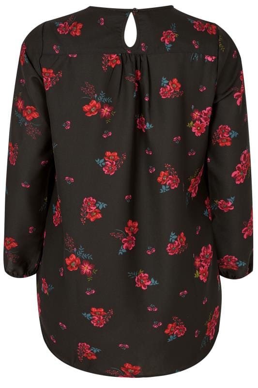 Black Floral Blouse With Tie-Front, plus size 16 to 36 | Yours Clothing