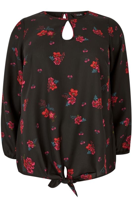 Black Floral Blouse With Tie-Front, plus size 16 to 36 | Yours Clothing