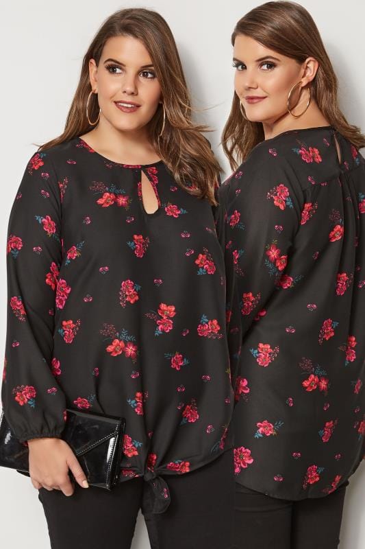 Schwarze Bluse Mit Blumenprint Schleife Grosse Grossen 44 64 Yours Clothing