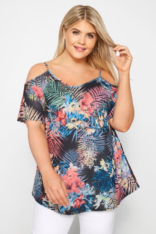 Black Floral Cold Shoulder Top| Plus Sizes 16 to 36 | Yours Clothing