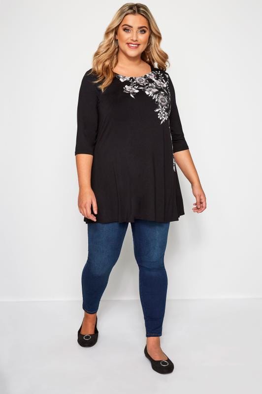 Black Floral Jersey Swing Top| Sizes 16-40 | Yours Clothing