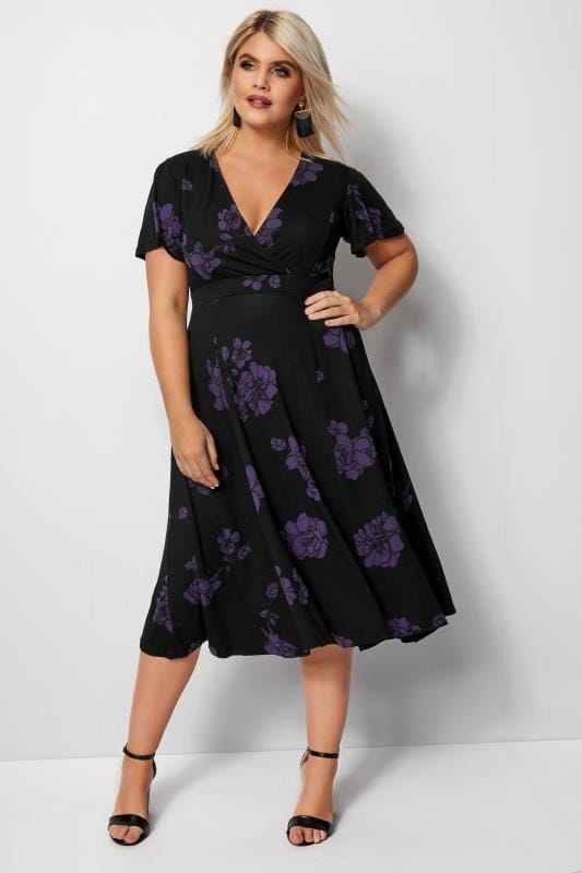 Black Floral Fit And Flare Wrap Dress Plus Size 16 To 36