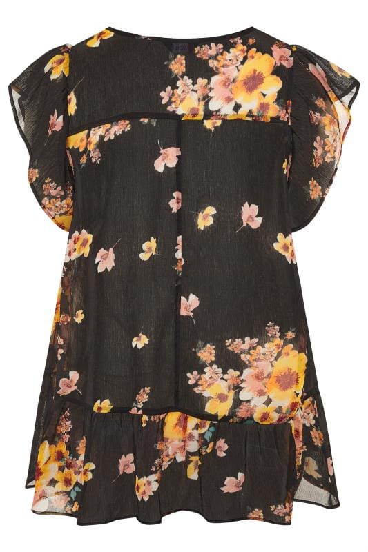 Black Floral Frill Chiffon Blouse | Yours Clothing