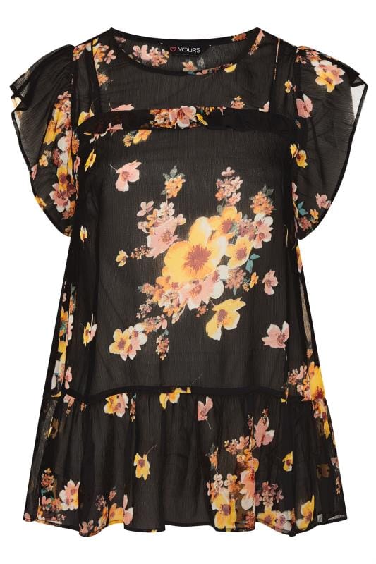 Black Floral Frill Chiffon Blouse | Yours Clothing