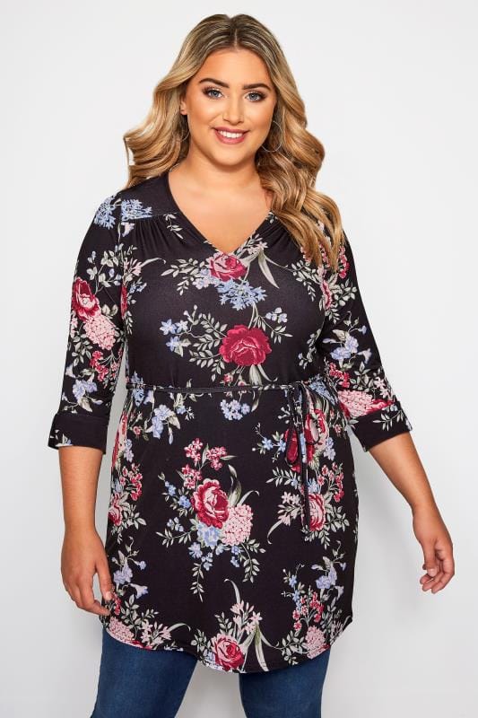 Black Floral Jersey Tunic | Sizes 16-36 | Yours Clothing