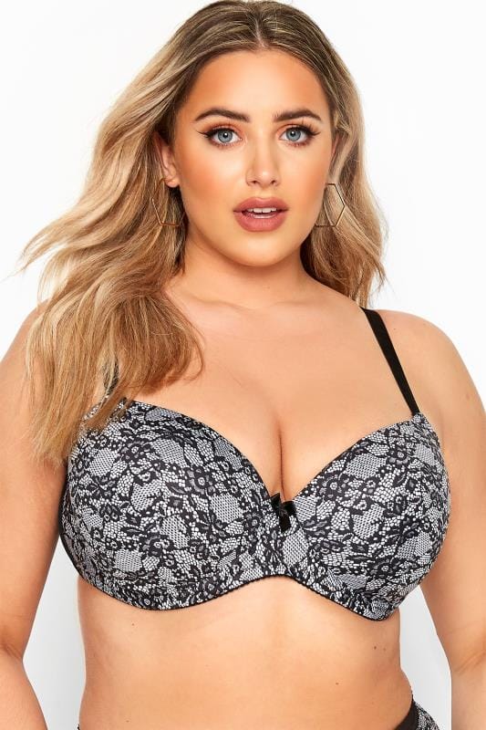 Plus Size Casual / Every Day Black Floral Lace Effect T-Shirt Bra