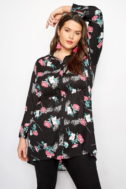 Black Floral Longline Shirt | Sizes 16 to 36 | Yours Clothing